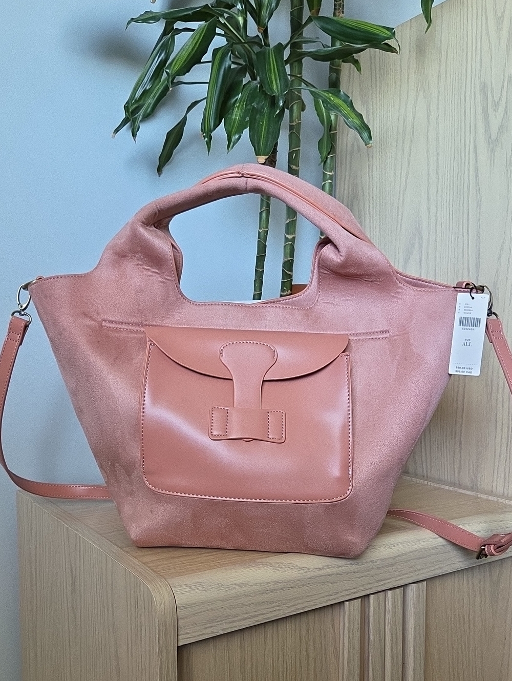 NWT Anthropologie Pink Faux Suede Structured Tote w Crossbody Strap & Zip Pouch